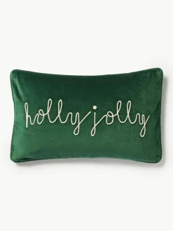 Westwing Collection Bestickte Samt-Kissenhülle Holly Jolly mit Kederumrandung