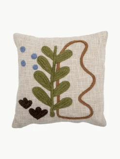 Bloomingville Besticktes Baumwoll-Kissen Batley mit floralem Motiv