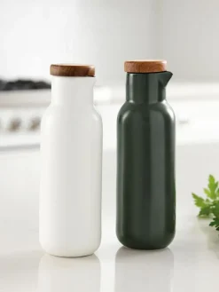 Ladelle Essig- und Öl-Spender Essentials aus Porzellan und Akazienholz, 2er-Set