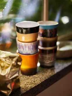 HKLIVING Handbemalte Keramik-Becher 70's mit reaktiver Glasur, 6er-Set