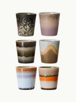 HKLIVING Handbemalte Keramik-Becher 70's mit reaktiver Glasur, 6er-Set