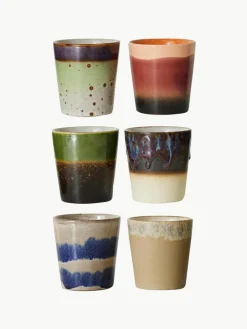 HKLIVING Handbemalte Keramik-Becher 70's mit reaktiver Glasur, 6er-Set
