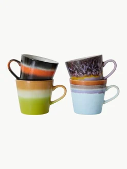 HKLIVING Handbemalte Keramik-Tassen 70's mit reaktiver Glasur, 4er-Set