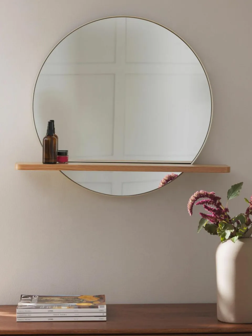 Westwing Collection Runder Wandspiegel Kenny mit Holz-Ablage