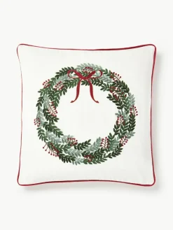 Westwing Collection Samt-Kissenhülle Rosaline mit gesticktem Weihnachtskranz