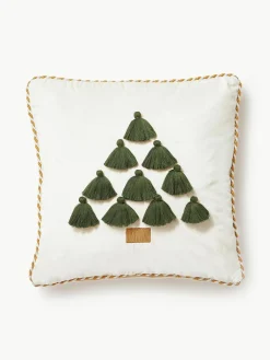 Westwing Collection Samt-Kissenhülle Skyler mit weihnachtlichem Motiv und Quasten