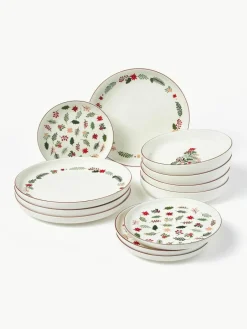 Westwing Collection Weihnachtliches Geschirr-Set Eve aus Porzellan, 4 Personen (12-tlg.)